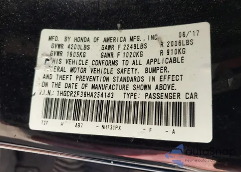 2017 Honda Accord Lx from USA, damaged, VIN 1HGCR2F38HA254143